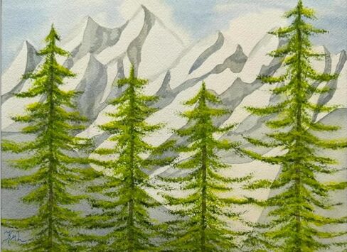 Painting Watercolor Wall Art Original Evergreen Trees Snowy Mountain Landscape Blue Green Yellow Pink 11x14 White Mat 16x20 Hand Painted Home Decor in Saudi Arabia