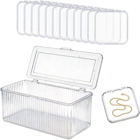 Clear Jewelry Storage Box, Acrylic Bracelet Organizer Holder with 14 Pcs 3 Inches Portable Anti Tarnish Cases, Travel Jewelry Storage for Earrings/Rings/Necklaces/Brooch (1Box+14Cases) in Saudi Arabia