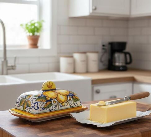 CERAMICHE D'ARTE PARRINI- Italian Ceramic Butter Dish Hand Painted Decorated Three Lemons Made in ITALY Tuscan Art Pottery in Saudi Arabia