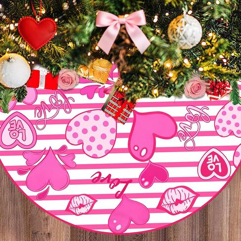 48 Inch Valentine's Day Tree Skirt - Love Heart Soft Farmhouse Christmas Tree Collar with Red Trim Decor Xmas Holiday Decoration (Red) in Saudi Arabia
