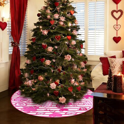 48 Inch Valentine's Day Tree Skirt - Love Heart Soft Farmhouse Christmas Tree Collar with Red Trim Decor Xmas Holiday Decoration (Red) in Saudi Arabia