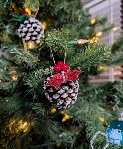 Handmade Snowy Pinecone Ornaments with Berries and Bows, Set of 6 in Saudi Arabia