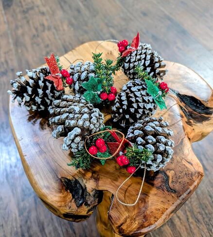 Handmade Snowy Pinecone Ornaments with Berries and Bows, Set of 6 in Saudi Arabia