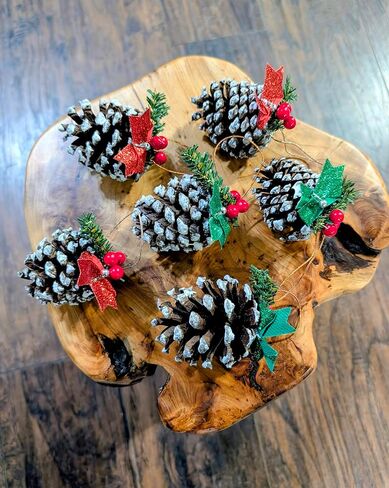 Handmade Snowy Pinecone Ornaments with Berries and Bows, Set of 6 in Saudi Arabia