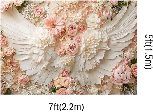 كيت 7x5ft الأزهار أجنحة الملاك خلفيات للتصوير الفوتوغرافي الوردي الأبيض الورود زهر خلفية لاستحمام الطفل عيد ميلاد صورة التصوير الفوتوغرافي in Kuwait