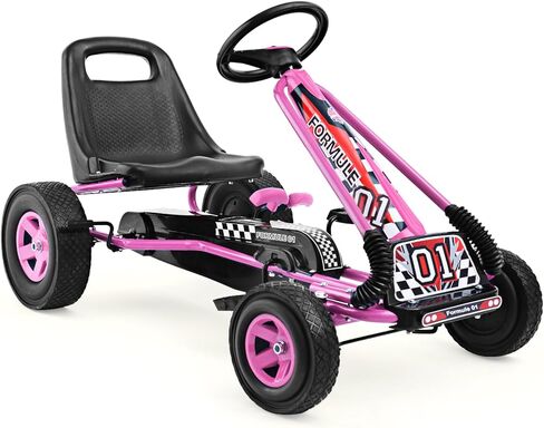 HONEY JOY Go Kart للأطفال، عربة رباعية العجلات للطرق الوعرة بدواسة للطرق الوعرة مع عجلات قيادة ومقعد قابل للتعديل، فرامل أمان، إطارات مطاطية EVA، قابض، سيارة متسابق خارجية للركوب على دواسة (وردي) in Kuwait
