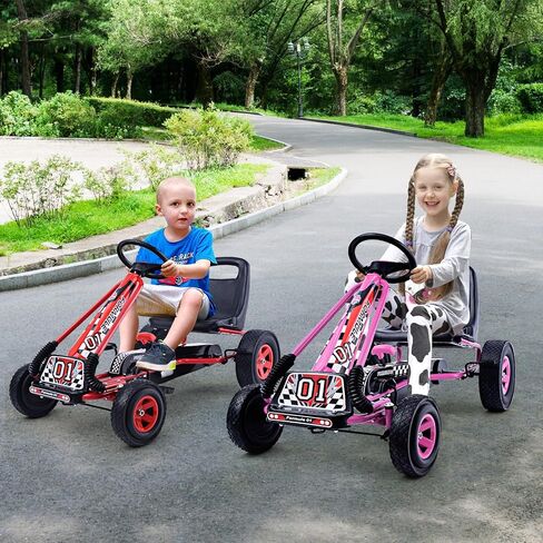 HONEY JOY Go Kart للأطفال، عربة رباعية العجلات للطرق الوعرة بدواسة للطرق الوعرة مع عجلات قيادة ومقعد قابل للتعديل، فرامل أمان، إطارات مطاطية EVA، قابض، سيارة متسابق خارجية للركوب على دواسة (وردي) in Kuwait