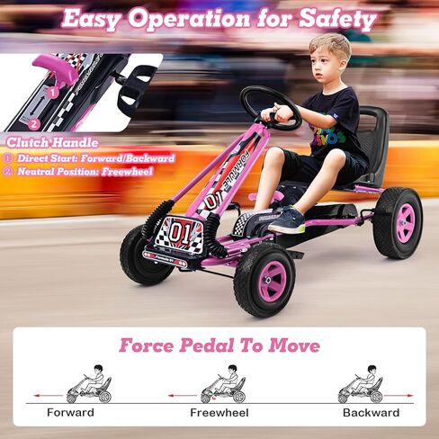HONEY JOY Go Kart للأطفال، عربة رباعية العجلات للطرق الوعرة بدواسة للطرق الوعرة مع عجلات قيادة ومقعد قابل للتعديل، فرامل أمان، إطارات مطاطية EVA، قابض، سيارة متسابق خارجية للركوب على دواسة (وردي) in Kuwait
