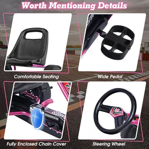 HONEY JOY Go Kart للأطفال، عربة رباعية العجلات للطرق الوعرة بدواسة للطرق الوعرة مع عجلات قيادة ومقعد قابل للتعديل، فرامل أمان، إطارات مطاطية EVA، قابض، سيارة متسابق خارجية للركوب على دواسة (وردي) in Kuwait