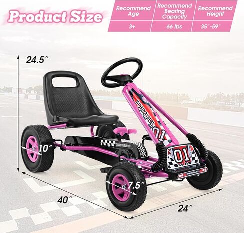 HONEY JOY Go Kart للأطفال، عربة رباعية العجلات للطرق الوعرة بدواسة للطرق الوعرة مع عجلات قيادة ومقعد قابل للتعديل، فرامل أمان، إطارات مطاطية EVA، قابض، سيارة متسابق خارجية للركوب على دواسة (وردي) in Kuwait
