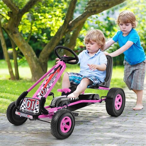 HONEY JOY Go Kart للأطفال، عربة رباعية العجلات للطرق الوعرة بدواسة للطرق الوعرة مع عجلات قيادة ومقعد قابل للتعديل، فرامل أمان، إطارات مطاطية EVA، قابض، سيارة متسابق خارجية للركوب على دواسة (وردي) in Kuwait