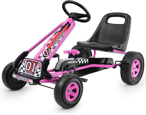 HONEY JOY Go Kart للأطفال، عربة رباعية العجلات للطرق الوعرة بدواسة للطرق الوعرة مع عجلات قيادة ومقعد قابل للتعديل، فرامل أمان، إطارات مطاطية EVA، قابض، سيارة متسابق خارجية للركوب على دواسة (وردي) in Kuwait