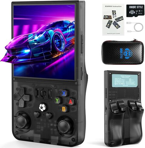 R36MAX Retro Handheld Game Console, 4.0 Inch IPS HD Screen Portable Retro Gaming Console, 1.5GHz CPU Support 30+ Emulator Console Video Game Console, 4000mAh Battery (64GB Black) in Kuwait