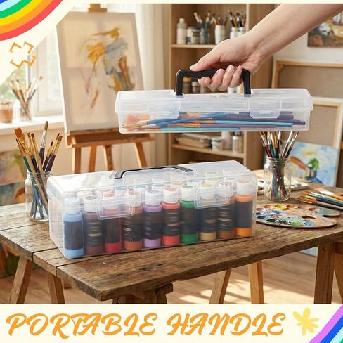 Geelin Clear Paint Storage Box and Paint Brush Storage Box Set, 30 Bottles Capacity Paints Organizer for 2 fl. oz Bottles, Portable Long Brush Holder Boxes, Craft Organizer in Saudi Arabia