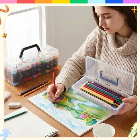 Geelin Clear Paint Storage Box and Paint Brush Storage Box Set, 30 Bottles Capacity Paints Organizer for 2 fl. oz Bottles, Portable Long Brush Holder Boxes, Craft Organizer in Saudi Arabia