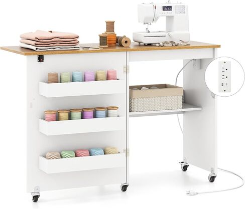 Nightcore Folding Sewing Table, Multipurpose Craft Table with Charging Station, Lockable Casters, Rack and Storage Shelves, Space-Saving Cart, Sewing Desk Cabinet for Living Room Home Studio in Kuwait
