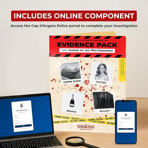 لعبة لغز القتل - مجموعة أدوات التحقيق في القضايا الباردة والتحقيق في الجرائم - حل جرائم قتل المشاهير على متن سفينة سياحية فاخرة - حزمة أدلة غامرة مع أدلة عبر الإنترنت - ليلة اللعبة وهدية من ترينش وتريلبي in Kuwait