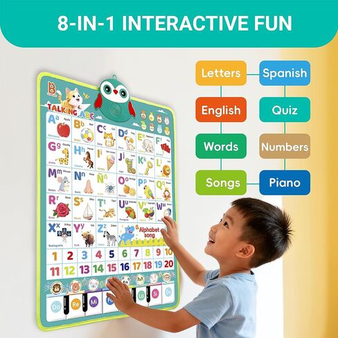 ملصق يتحدث بالحروف الأبجدية الإنجليزية الإسبانية ثنائية اللغة من أوريزون، 5 أوضاع تفاعلية، أرقام ولوحة بيانو، تعلم اللغة، للأعمار من 3 سنوات فما فوق (أخضر) in Kuwait