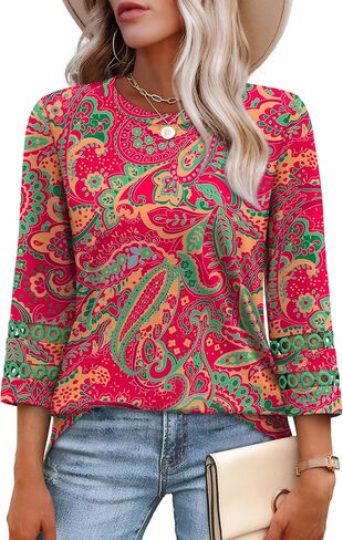 XIEERDUO 3/4 Length Sleeve Womens Tops and Blouses Dressy Casual Crewneck T Shirts Fashion Clothes Loose Fit Trendy in Saudi Arabia