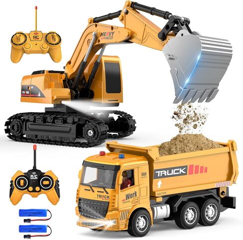 Remote Control Excavator and Dump Truck Toy Set - RC Construction Vehicles Toy with Barricades, Road Signs, Simulated Rocks, Lights and Sounds, Present for Toddlers 3-12 Year Boys Girls in Saudi Arabia