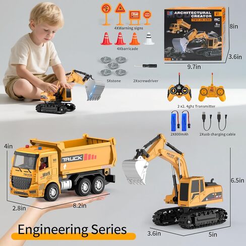 Remote Control Excavator and Dump Truck Toy Set - RC Construction Vehicles Toy with Barricades, Road Signs, Simulated Rocks, Lights and Sounds, Present for Toddlers 3-12 Year Boys Girls in Saudi Arabia
