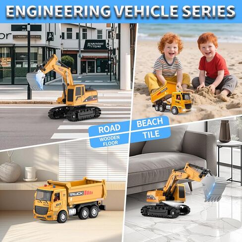 Remote Control Excavator and Dump Truck Toy Set - RC Construction Vehicles Toy with Barricades, Road Signs, Simulated Rocks, Lights and Sounds, Present for Toddlers 3-12 Year Boys Girls in Saudi Arabia