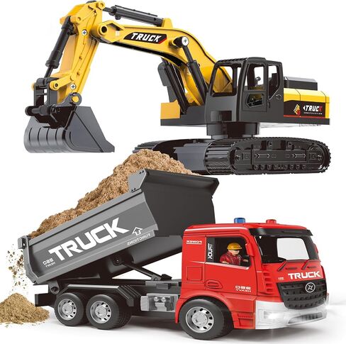 Remote Control Excavator and Dump Truck Toy Set - RC Construction Vehicles Toy with Barricades, Road Signs, Simulated Rocks, Lights and Sounds, Present for Toddlers 3-12 Year Boys Girls in Saudi Arabia