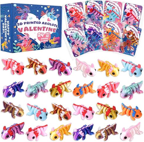 Valentines Day Gifts Cards for Kids 24 Pack 3D Printed Animals Axolotl Figurines Set with Valentine Greeting Cards for Boys Girls Toddle School Classroom Exchange Party Favors Prizes in Saudi Arabia