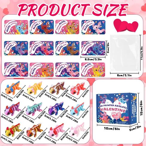 Valentines Day Gifts Cards for Kids 24 Pack 3D Printed Animals Axolotl Figurines Set with Valentine Greeting Cards for Boys Girls Toddle School Classroom Exchange Party Favors Prizes in Saudi Arabia