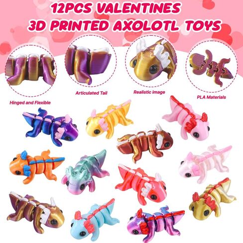 Valentines Day Gifts Cards for Kids 24 Pack 3D Printed Animals Axolotl Figurines Set with Valentine Greeting Cards for Boys Girls Toddle School Classroom Exchange Party Favors Prizes in Saudi Arabia
