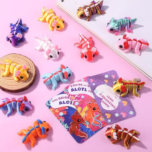 Valentines Day Gifts Cards for Kids 24 Pack 3D Printed Animals Axolotl Figurines Set with Valentine Greeting Cards for Boys Girls Toddle School Classroom Exchange Party Favors Prizes in Saudi Arabia