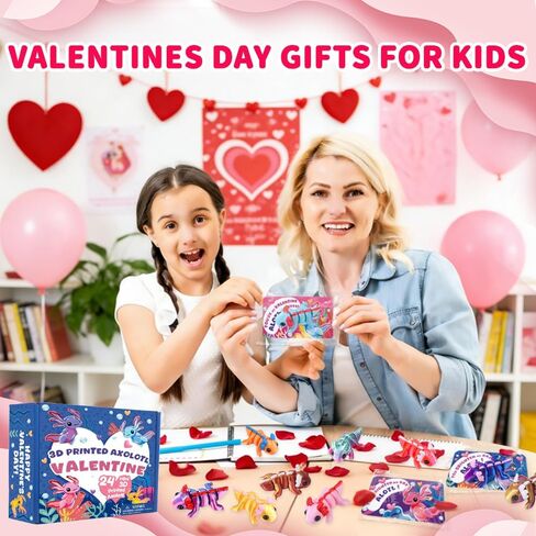 Valentines Day Gifts Cards for Kids 24 Pack 3D Printed Animals Axolotl Figurines Set with Valentine Greeting Cards for Boys Girls Toddle School Classroom Exchange Party Favors Prizes in Saudi Arabia