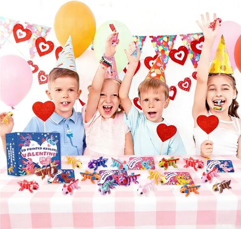 Valentines Day Gifts Cards for Kids 24 Pack 3D Printed Animals Axolotl Figurines Set with Valentine Greeting Cards for Boys Girls Toddle School Classroom Exchange Party Favors Prizes in Saudi Arabia
