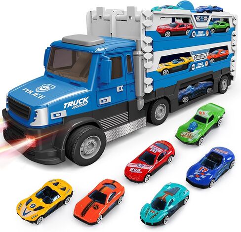 6 in 1 Transport Truck Toys for Kids, Police Trucks Carrier Cars with 6Pcs Metal Race Car with Light&Sounds, Toddler Vehicles Toys Gifts for Boys Girls Age 3 4 5 6 7 8-Blue in Saudi Arabia