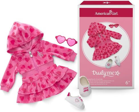 فستان بقلنسوة من American Girl، Truly Me، قلوب وردية مع نظارات شمسية، ملابس دمى، للدمى مقاس 18 بوصة، 3 قطع، للأعمار من 6 سنوات فما فوق in Kuwait