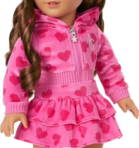 فستان بقلنسوة من American Girl، Truly Me، قلوب وردية مع نظارات شمسية، ملابس دمى، للدمى مقاس 18 بوصة، 3 قطع، للأعمار من 6 سنوات فما فوق in Kuwait