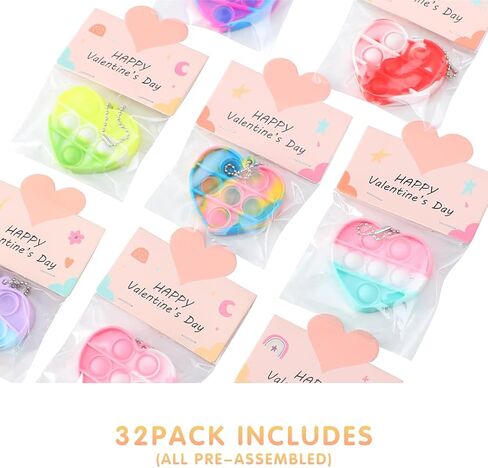 32 Pack Valentine Gifts for Kids - Cards with Mini Heart Pop Fidget Toys Bulk - Valentine Exchange for Girls Boys School Class Classroom Fidget Toys Party Favors in Kuwait