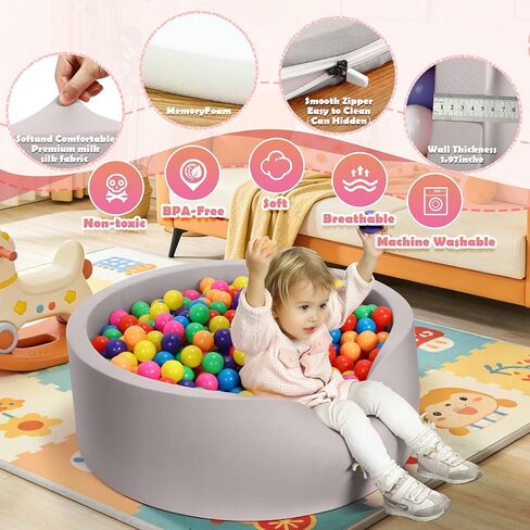 Foam Baby Ball Pit 35.4"x 11.8" for Toddlers, Soft Round Kiddie Playpen Ball Pool for Kids with Soft Memory Sponge, Ideal Gift for Babies Indoor Game(Balls not Included) Light Gray 35.4IN in Kuwait