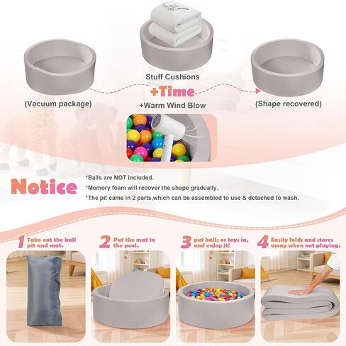Foam Baby Ball Pit 35.4"x 11.8" for Toddlers, Soft Round Kiddie Playpen Ball Pool for Kids with Soft Memory Sponge, Ideal Gift for Babies Indoor Game(Balls not Included) Light Gray 35.4IN in Kuwait
