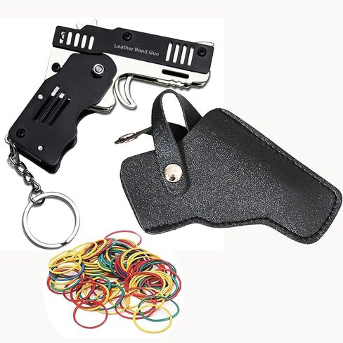 Mini Rubber Band Gun Metal Folding Gun Keychain with 100 Rubber Bands Made Entirely of zinc-Iron Alloy Material Sturdy and Durable (Black Leather Holster) in Kuwait