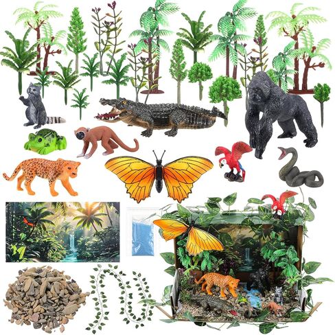 Teyva Daily 48 قطعة من مجموعة صندوق ديوراما الغابات المطيرة، مجموعة صندوق مشروع الموئل، مجموعة لوازم الديوراما تتضمن أشكال حيوانات نموذجية وأشجار اصطناعية وصخور وهمية مع هدية لهدايا عيد الميلاد المصنوعة يدويًا (الغابات المطيرة) in Kuwait