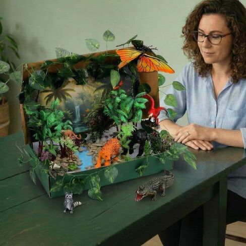Teyva Daily 48 Pcs Rainforest Diorama Box Kit Habitat Project Box Kit Diorama Supplies Set Include Animal Model Figures Artificial Trees Fake Rocks with Gift for DIY Crafts Birthday Gifts(Rainforest) in Saudi Arabia