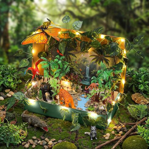 Teyva Daily 48 Pcs Rainforest Diorama Box Kit Habitat Project Box Kit Diorama Supplies Set Include Animal Model Figures Artificial Trees Fake Rocks with Gift for DIY Crafts Birthday Gifts(Rainforest) in Saudi Arabia