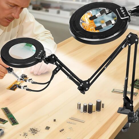 ذراع طويل للغاية مكون من 3 أقسام عدسة مكبرة 12 مرة مع ضوء وحامل، عدسة مكبرة بإضاءة LED مع أيدي المساعدة | مصباح مكتبي 5 ألوان مع مشبك للحام والحرف اليدوية ومنضدة العمل in Kuwait