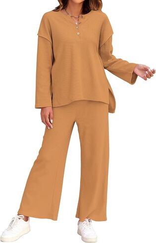 ROYLAMP Womens Fall 2 Piece Outfits Oversized Long Sleeve Button Crew Neck Top Long Pant Trendy Lounge Sweatsuit in Saudi Arabia