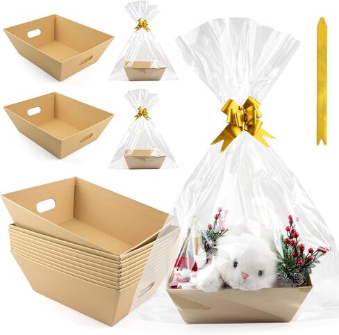 10PACK Empty Gift Basket Set, 11.8x9.8" Thick Kraft Market Tray Gift Basket with 10 Bows 10 Bags Empty Gift Baskets for Christmas Thanksgiving Valentine Easter Wedding Birthday Party Gift Wrapping (Kraft) in Saudi Arabia