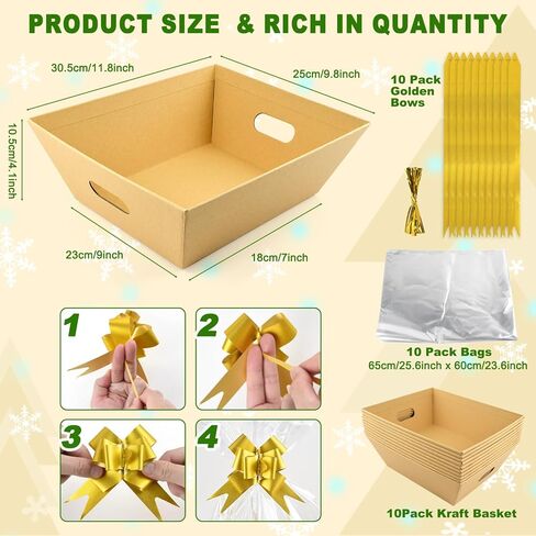 10PACK Empty Gift Basket Set, 11.8x9.8" Thick Kraft Market Tray Gift Basket with 10 Bows 10 Bags Empty Gift Baskets for Christmas Thanksgiving Valentine Easter Wedding Birthday Party Gift Wrapping (Kraft) in Saudi Arabia