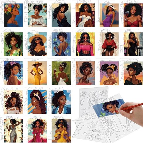 Tenceur 24 Pcs Black Women Pre Printed Coloring Cards 5X 7 Inch Pre Painting Card Stylish Coloring Pages Bulk Sip and Paint Outline Canvas Paint Party Favor Artist Beginners in Saudi Arabia