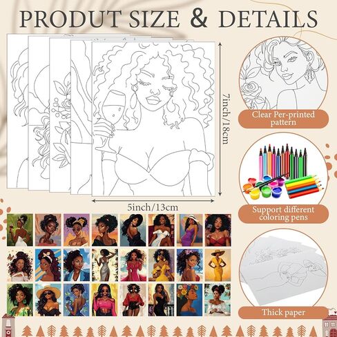 Tenceur 24 Pcs Black Women Pre Printed Coloring Cards 5X 7 Inch Pre Painting Card Stylish Coloring Pages Bulk Sip and Paint Outline Canvas Paint Party Favor Artist Beginners in Saudi Arabia