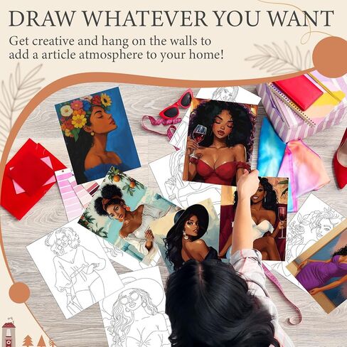 Tenceur 24 Pcs Black Women Pre Printed Coloring Cards 5X 7 Inch Pre Painting Card Stylish Coloring Pages Bulk Sip and Paint Outline Canvas Paint Party Favor Artist Beginners in Saudi Arabia